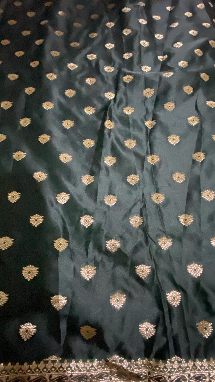 Dark Green Satin Silk Golden Zari Floral Work Wedding Saree – VIANGA
