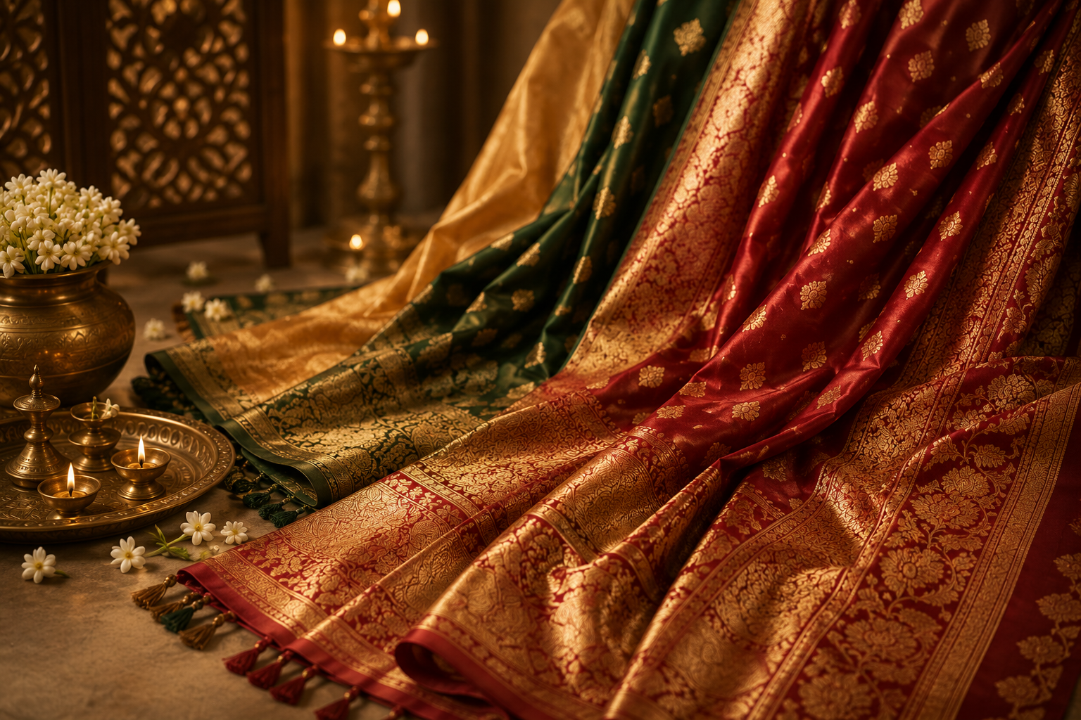 Golden Silk Sarees and Brass Diyas