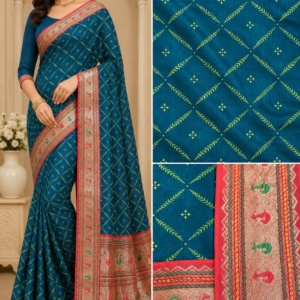 Peacock Blue Lycra Bandhani Diamond Saree with Multicolor Woven Border – VIANGA