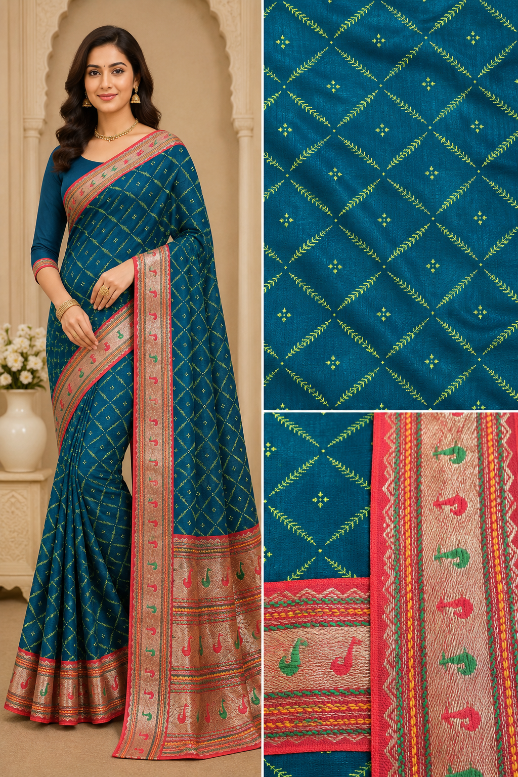 Peacock Blue Lycra Bandhani Diamond Saree with Multicolor Woven Border – VIANGA