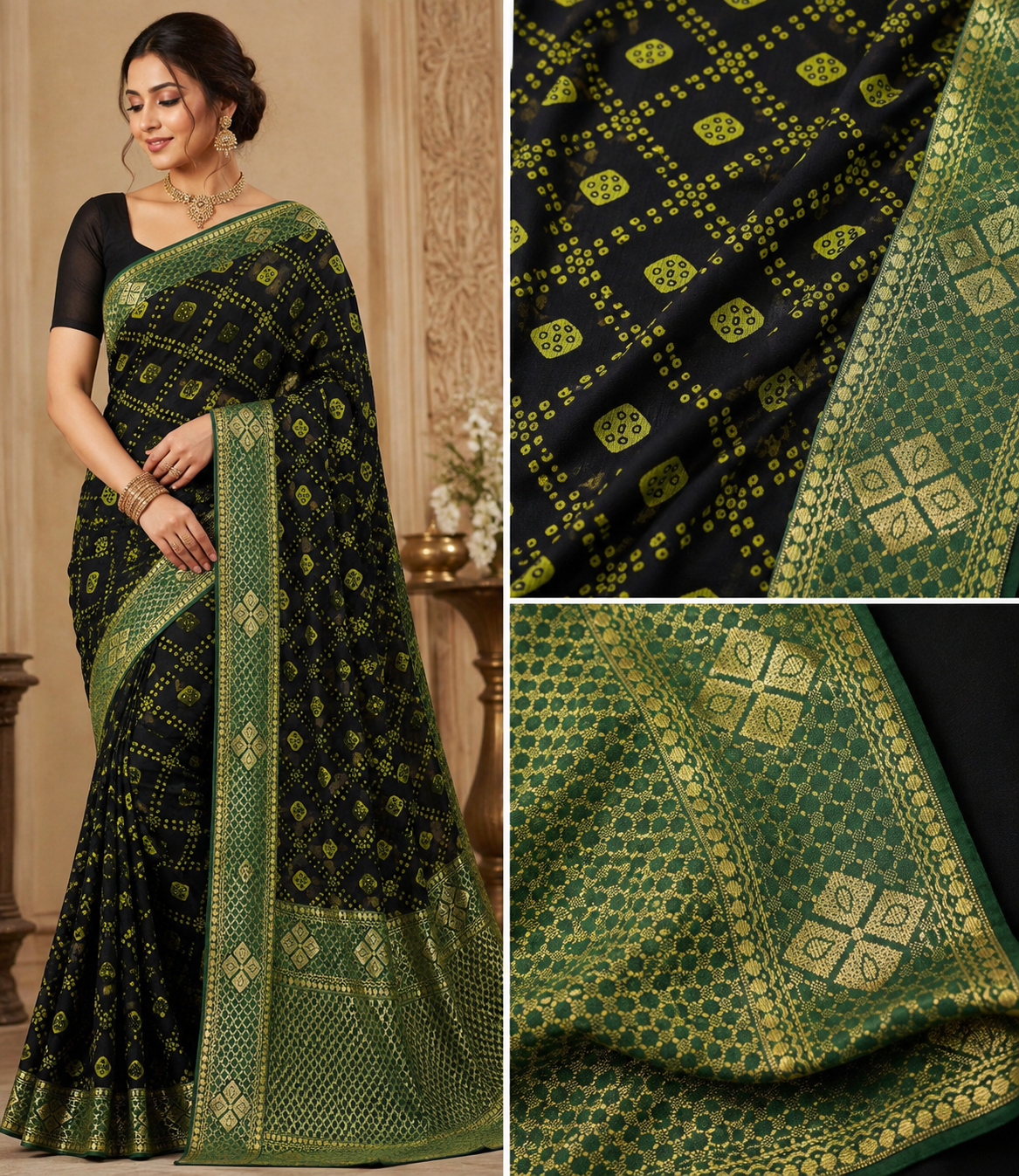 Black Lycra Bandhani Jaal Saree with Patola Border – VIANGA