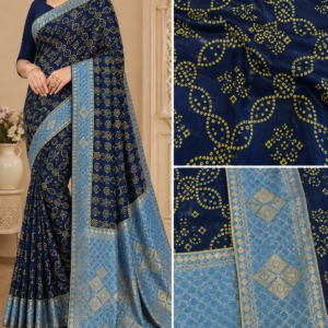 Navy Blue Lycra Bandhani Paisley Saree with Sky Blue Patola Border – VIANGA
