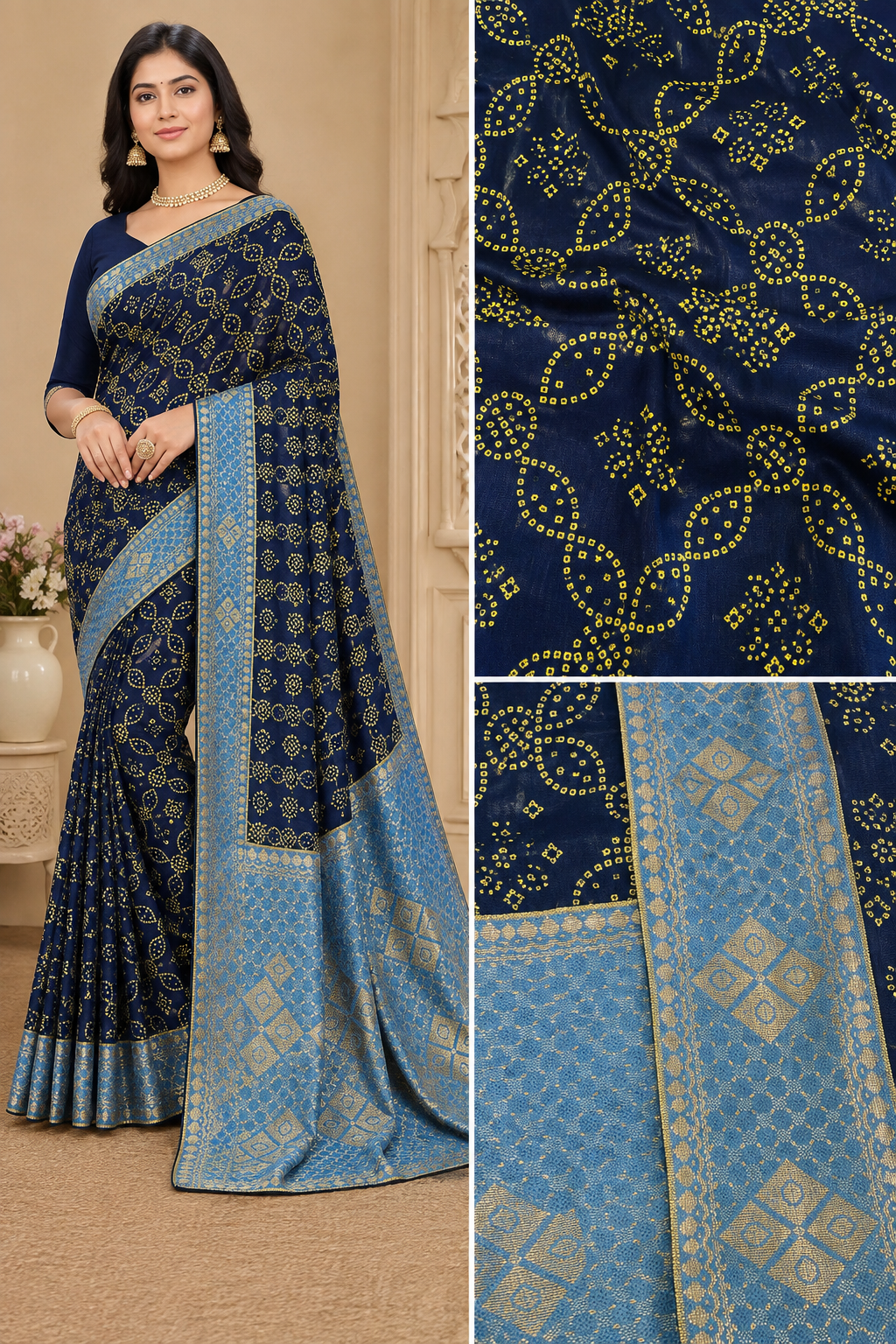 Navy Blue Lycra Bandhani Paisley Saree with Sky Blue Patola Border – VIANGA