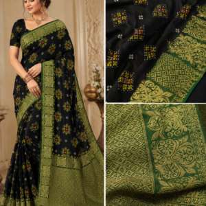 Black Lycra Bandhani Style Saree with Patola Border – VIANGA