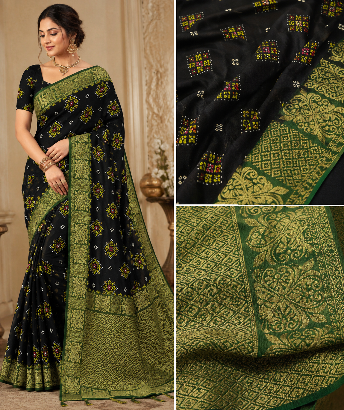 Black Lycra Bandhani Style Saree with Patola Border – VIANGA