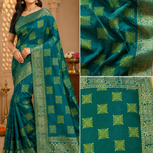 Teal Green Lycra Bandhani Style Saree with Patola Border – VIANGA