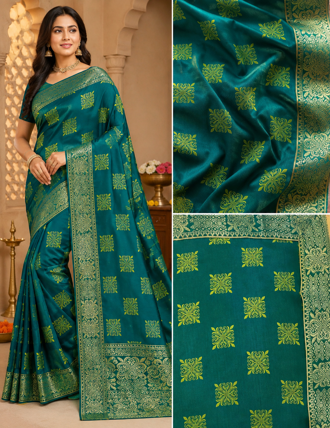 Teal Green Lycra Bandhani Style Saree with Patola Border – VIANGA