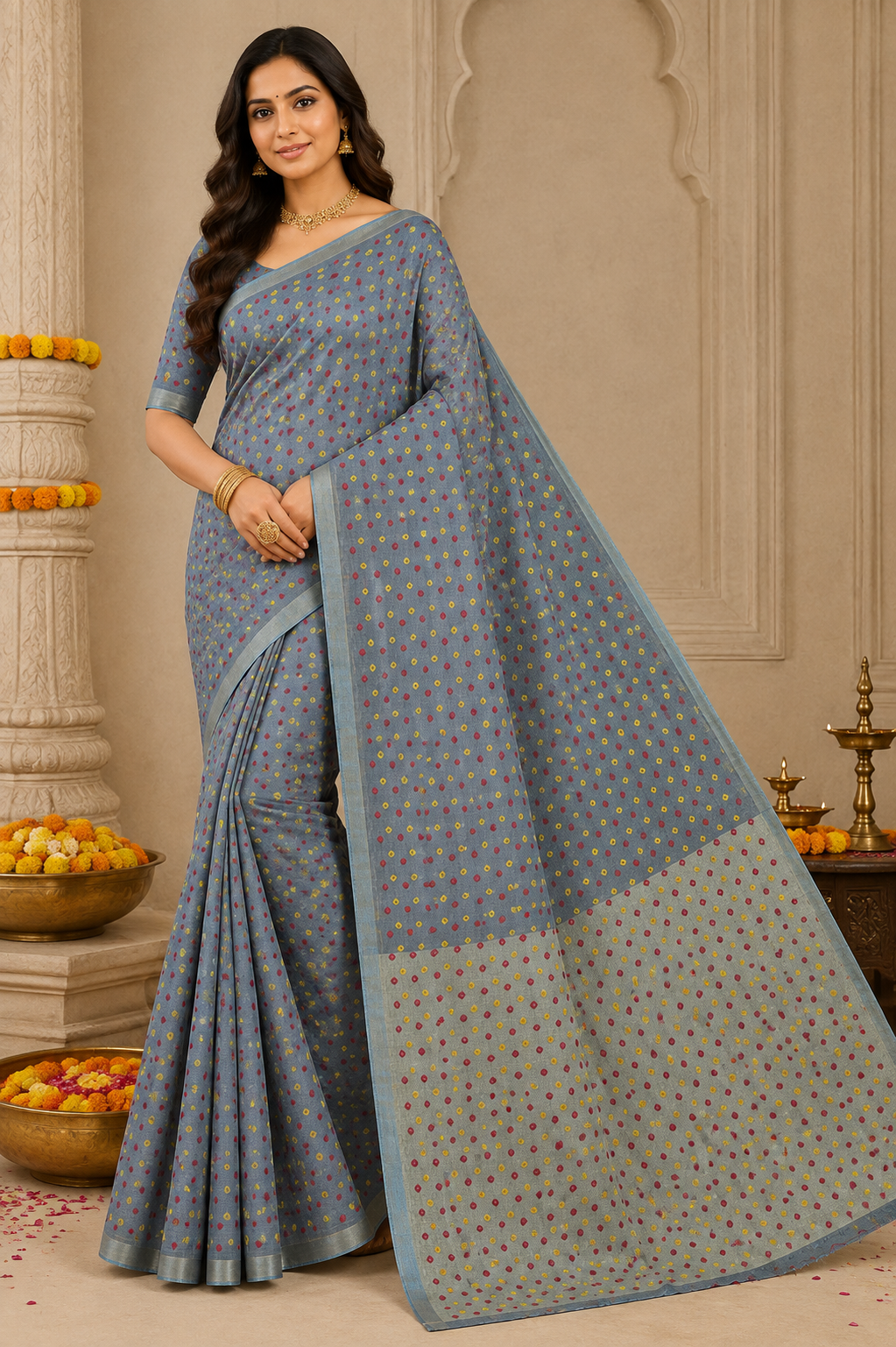 Steel Blue Bandhini Mix Cotton Saree with Jahala Border – VIANGA