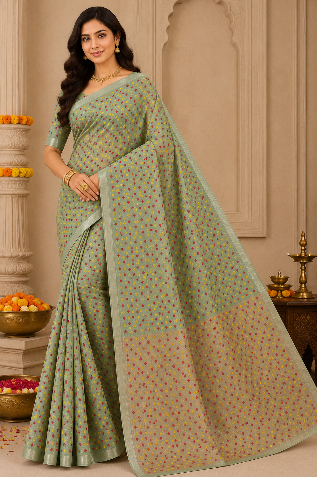 Sage Green Bandhini Mix Cotton Saree with Jahala Border – VIANGA