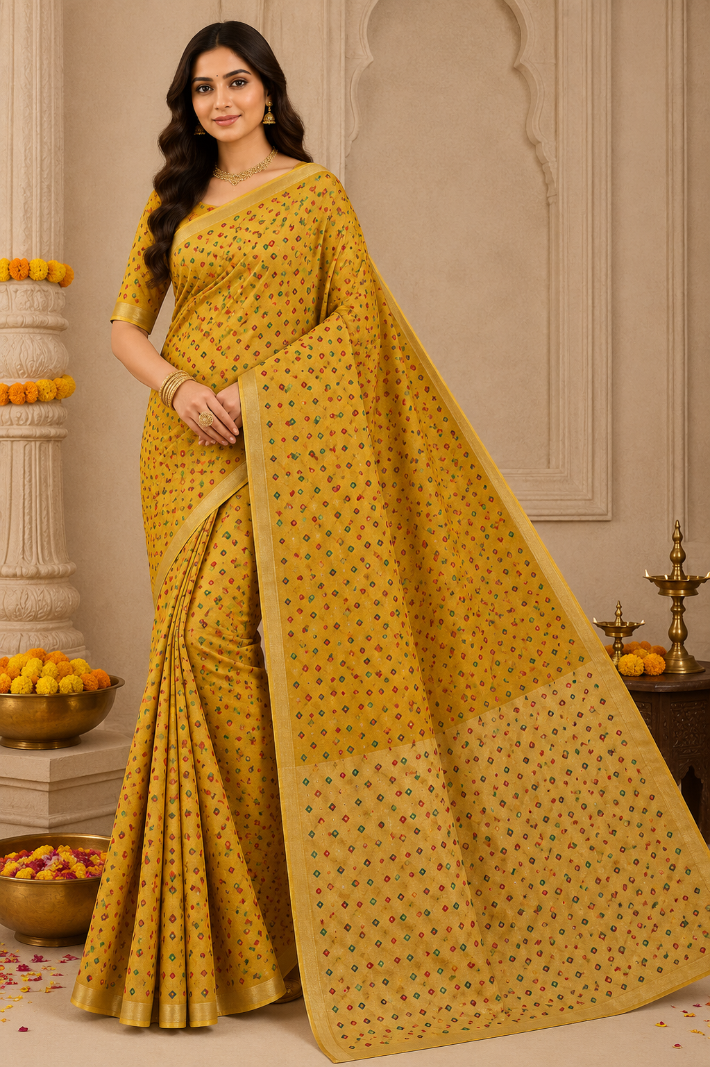 Mustard Gold Bandhini Mix Cotton Saree with Jahala Border – VIANGA