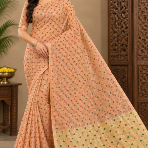 Peach Beige Bandhini Mix Cotton Saree with Jahala Border – VIANGA