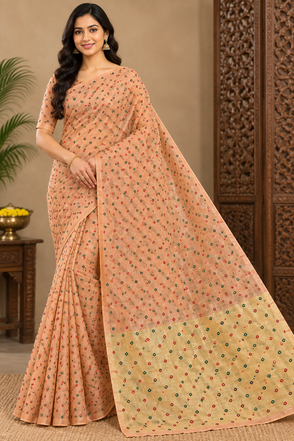 Peach Beige Bandhini Mix Cotton Saree with Jahala Border – VIANGA