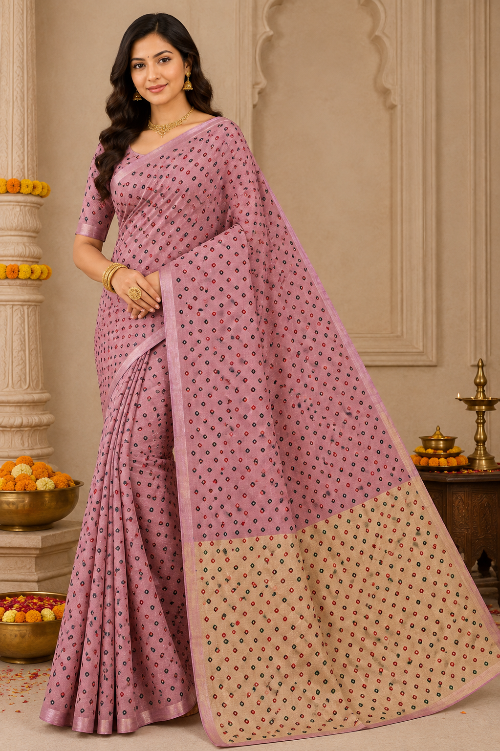 Dusty Pink Bandhini Mix Cotton Saree with Jahala Border – VIANGA