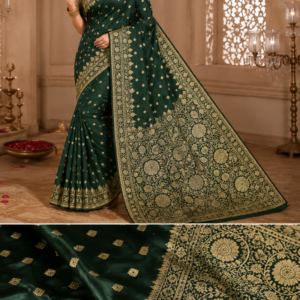 Dark Green Satin Silk Golden Zari Floral Work Wedding Saree – VIANGA
