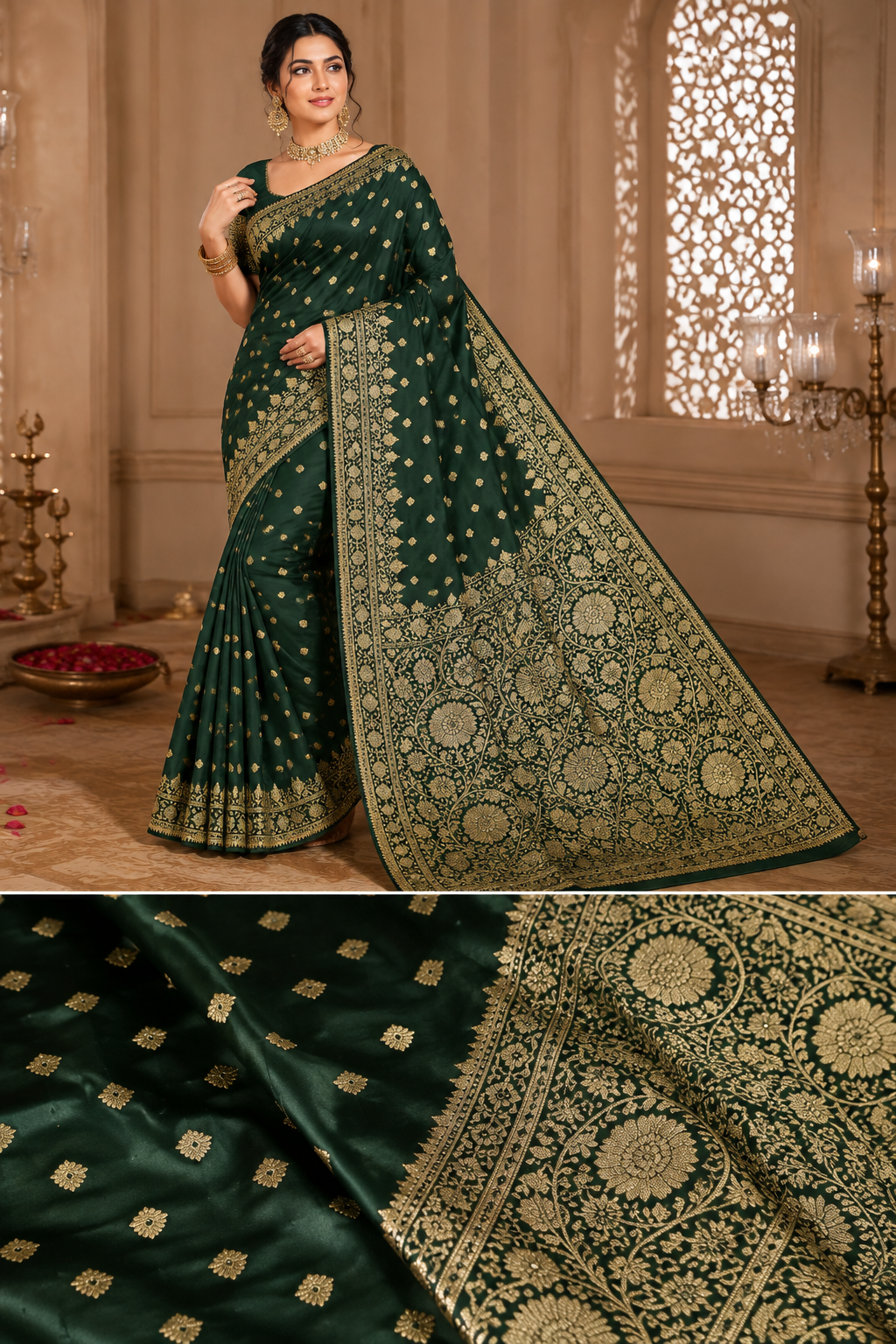Dark Green Satin Silk Golden Zari Floral Work Wedding Saree – VIANGA