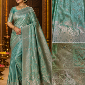 Green Satin Silk Golden Zari Work Wedding & Puja Saree – VIANGA