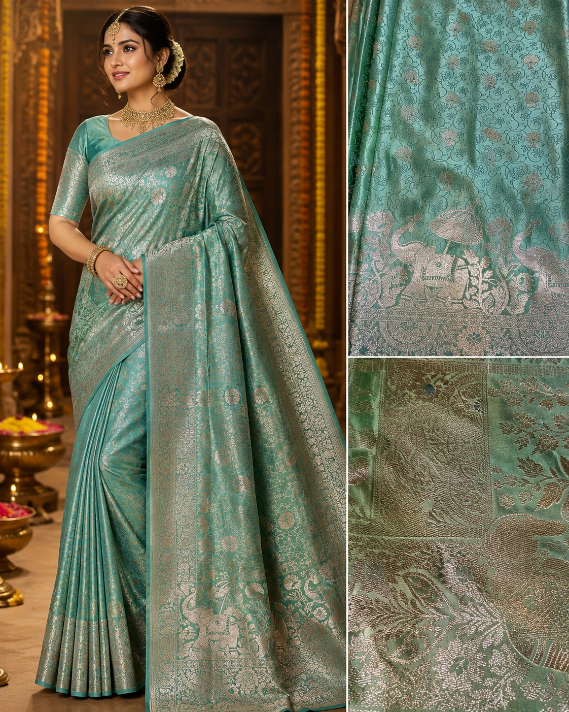Green Satin Silk Golden Zari Work Wedding & Puja Saree – VIANGA