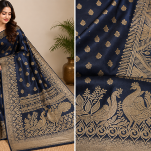 Navy Blue Satin Silk Golden Zari Peacock Work Wedding Saree – VIANGA