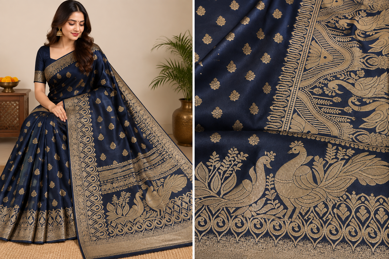 Navy Blue Satin Silk Golden Zari Peacock Work Wedding Saree – VIANGA