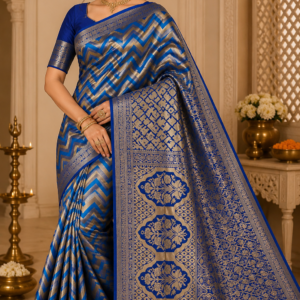 Royal Blue Metallic Zari Chevron and Floral Design Saree – VIANGA