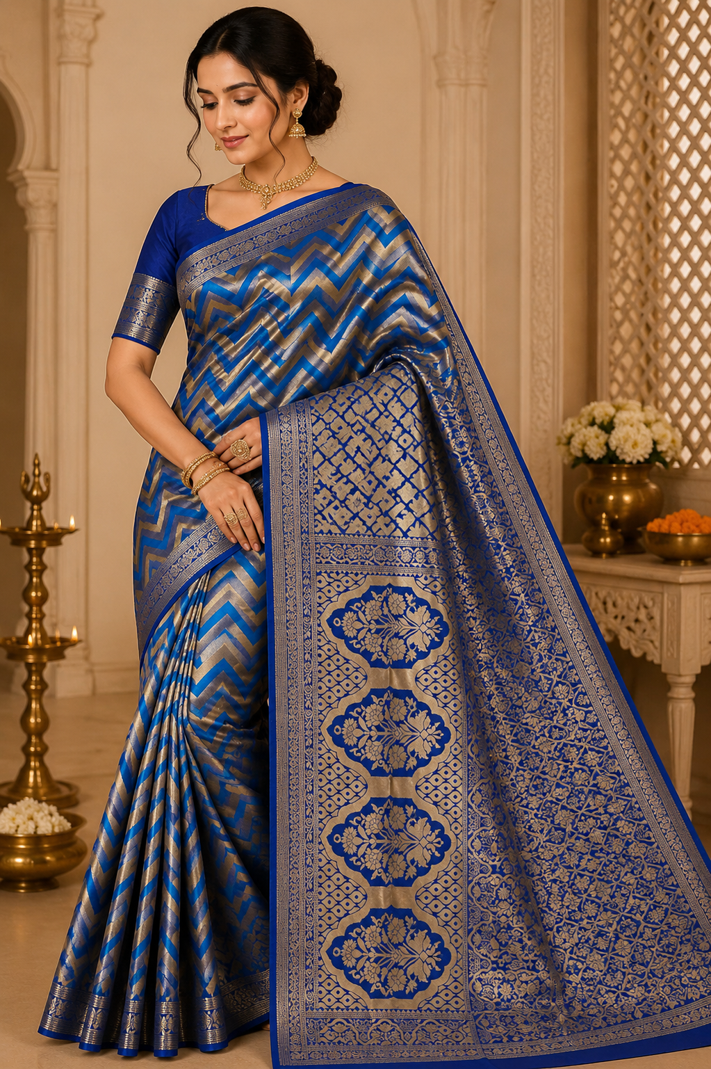 Royal Blue Metallic Zari Chevron and Floral Design Saree – VIANGA