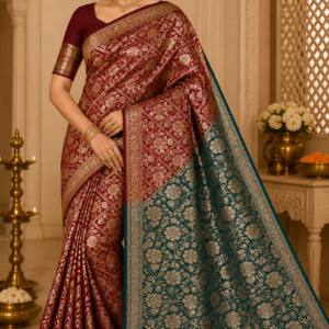 Maroon Red Golden Zari Diamond and Floral Design Saree with Teal Pallu – VIANGA