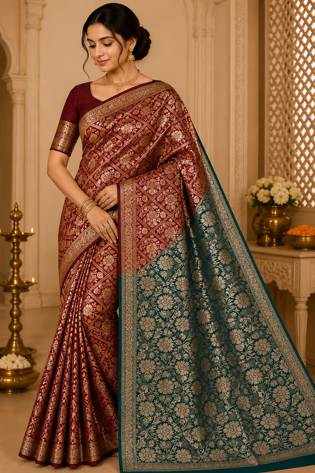 Maroon Red Golden Zari Diamond and Floral Design Saree with Teal Pallu – VIANGA