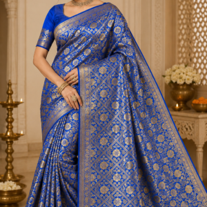 Royal Blue Golden Zari Floral and Diamond Design Saree – VIANGA