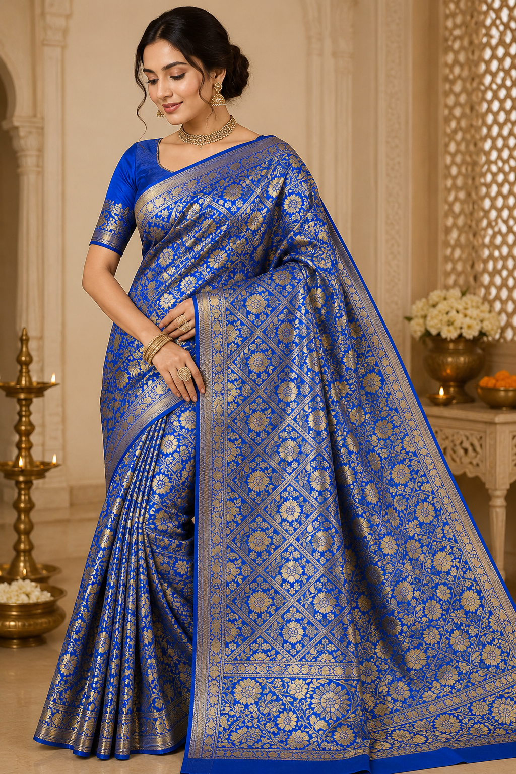 Royal Blue Golden Zari Floral and Diamond Design Saree – VIANGA