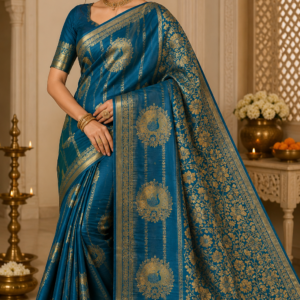 Peacock Blue Golden Zari Peacock and Floral Design Saree – VIANGA