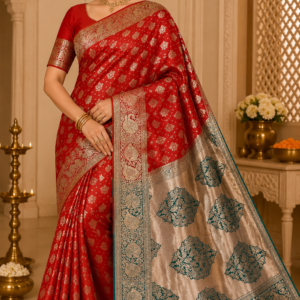 Red Golden Zari Peacock and Floral Design Saree with Beige Teal Pallu – VIANGA