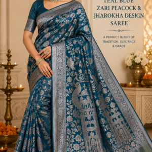 Teal Blue Zari Peacock and Jharokha Design Saree – VIANGA
