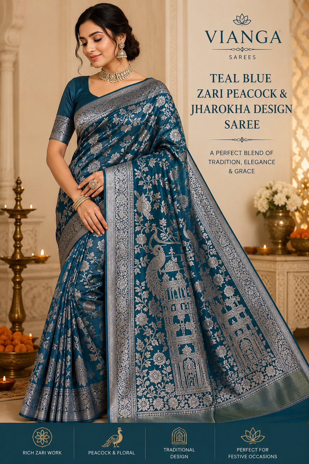 Teal Blue Zari Peacock and Jharokha Design Saree – VIANGA