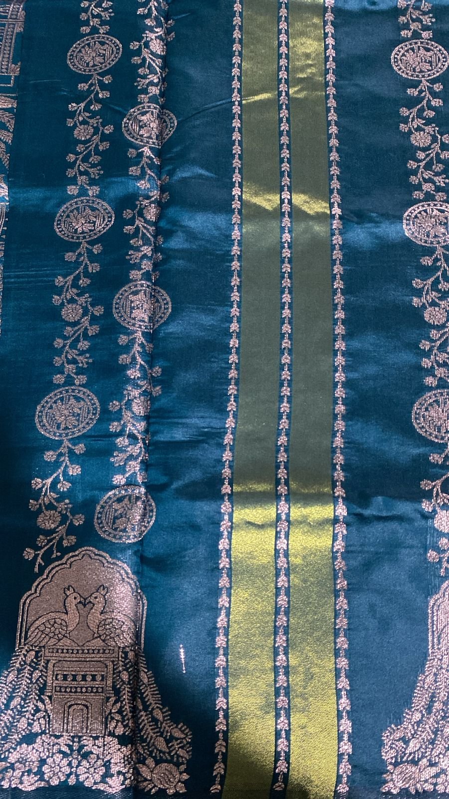 Teal Blue Zari Peacock and Jharokha Design Saree – VIANGA