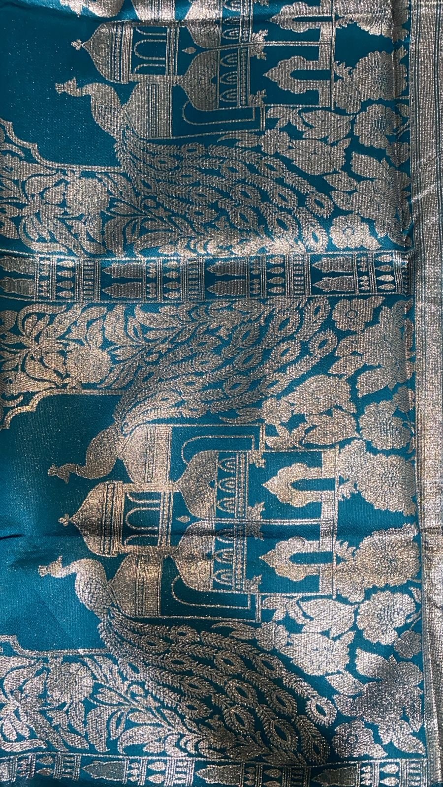 Teal Blue Zari Peacock and Jharokha Design Saree – VIANGA