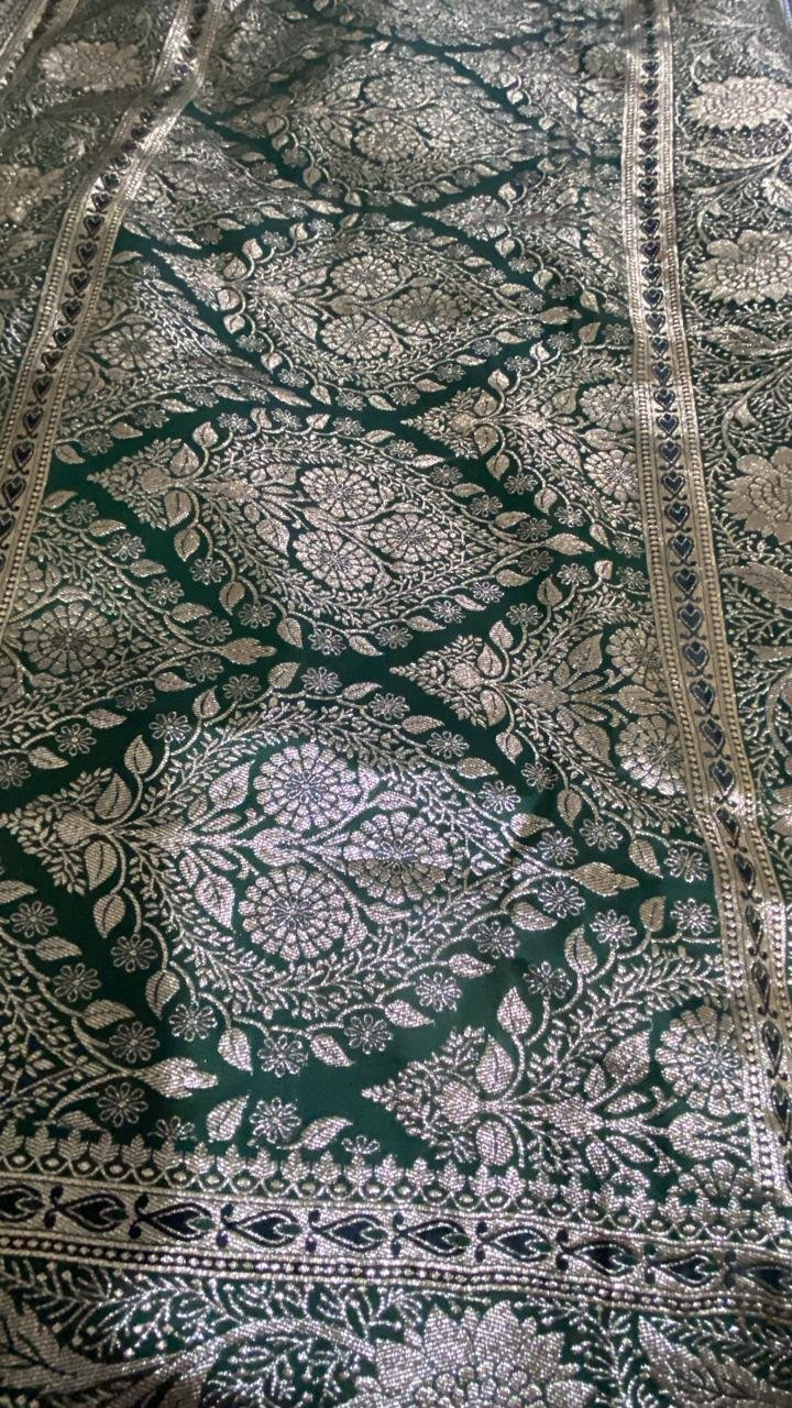 Dark Green Satin Silk Golden Zari Floral Work Wedding Saree – VIANGA