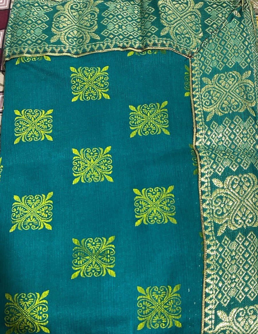 Teal Green Lycra Bandhani Style Saree with Patola Border – VIANGA