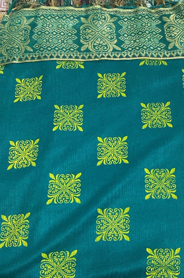 Teal Green Lycra Bandhani Style Saree with Patola Border – VIANGA
