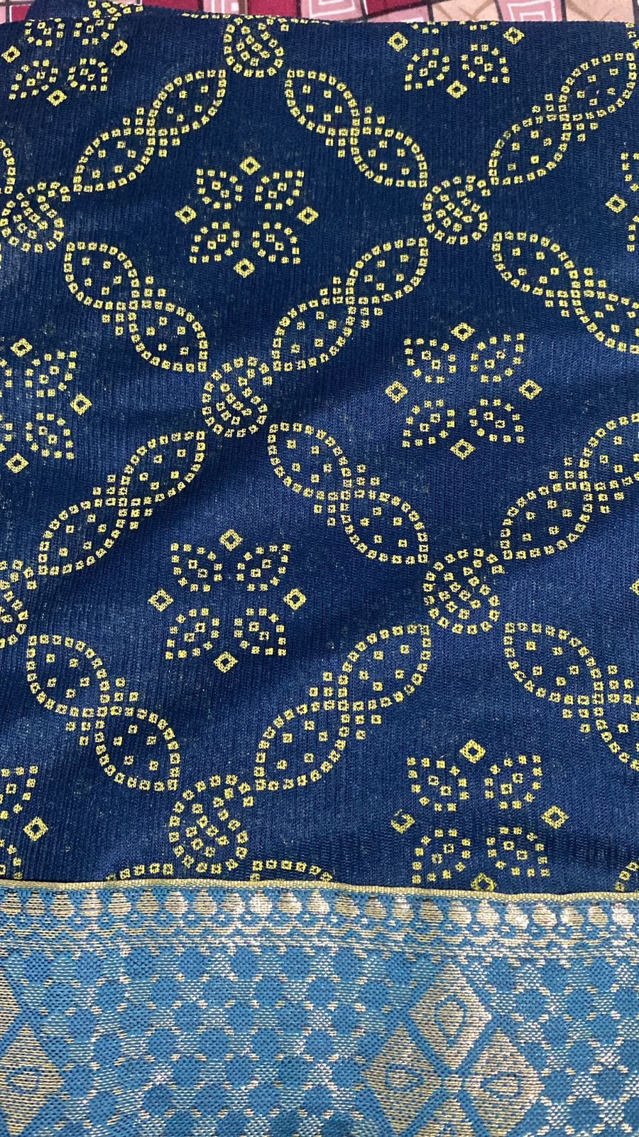Navy Blue Lycra Bandhani Paisley Saree with Sky Blue Patola Border – VIANGA