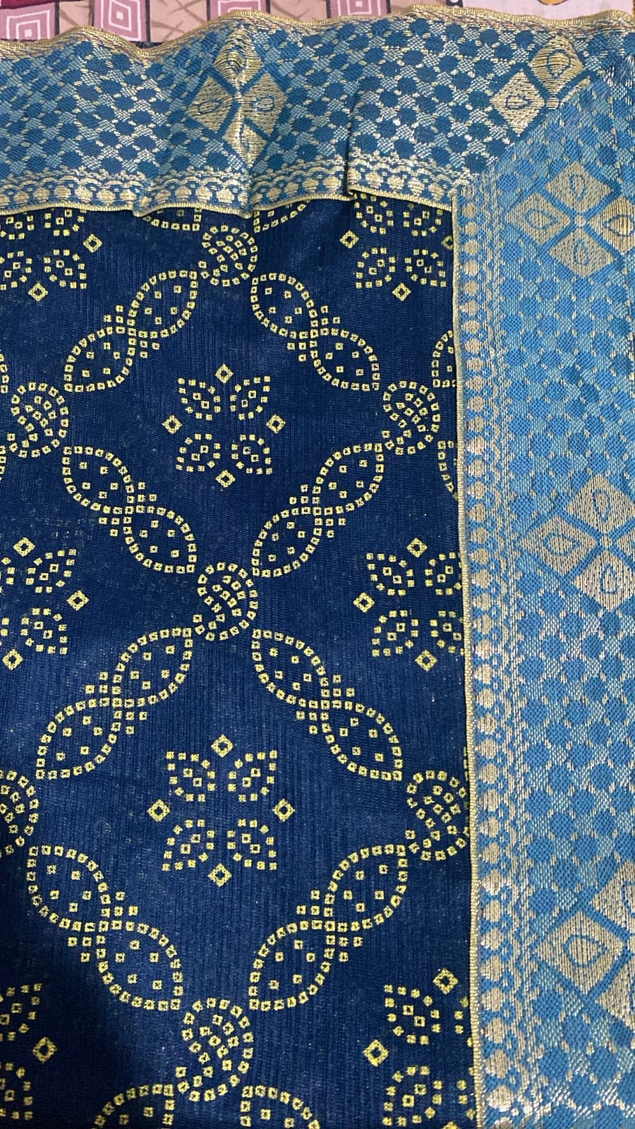 Navy Blue Lycra Bandhani Paisley Saree with Sky Blue Patola Border – VIANGA