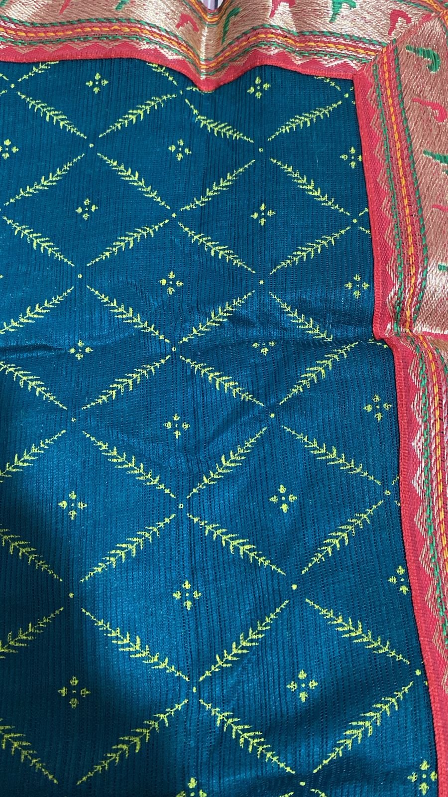 Peacock Blue Lycra Bandhani Diamond Saree with Multicolor Woven Border – VIANGA