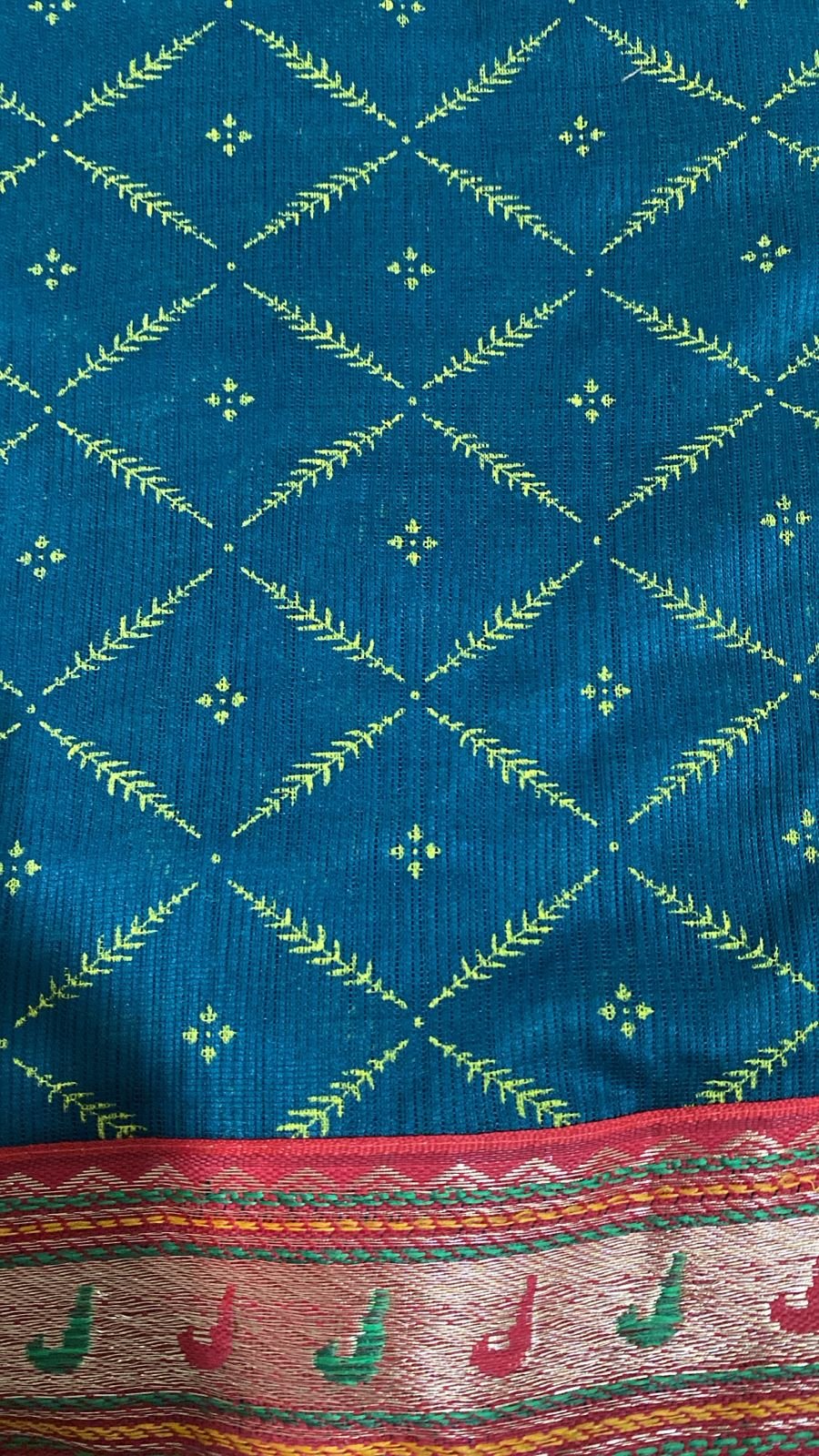 Peacock Blue Lycra Bandhani Diamond Saree with Multicolor Woven Border – VIANGA