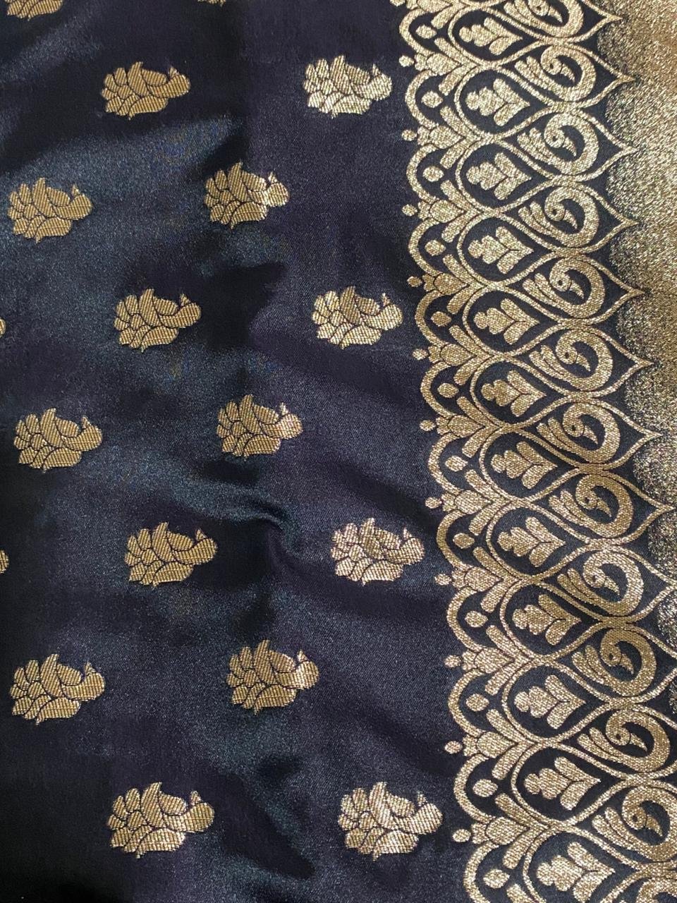 Navy Blue Satin Silk Golden Zari Peacock Work Wedding Saree – VIANGA