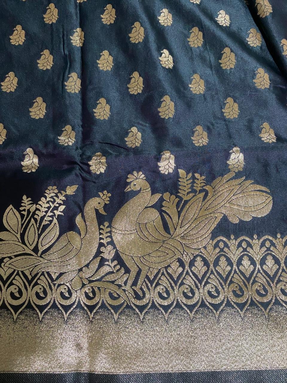Navy Blue Satin Silk Golden Zari Peacock Work Wedding Saree – VIANGA