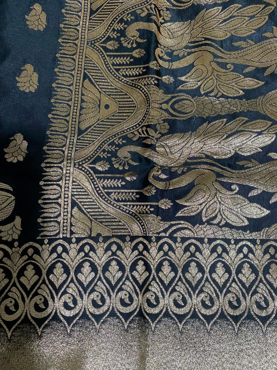 Navy Blue Satin Silk Golden Zari Peacock Work Wedding Saree – VIANGA
